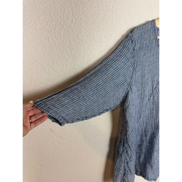 FLAX Women's Tunic Top Size Large Linen Blue White Lagenlook Boho 3/4 sleeves - Picture 2 of 11